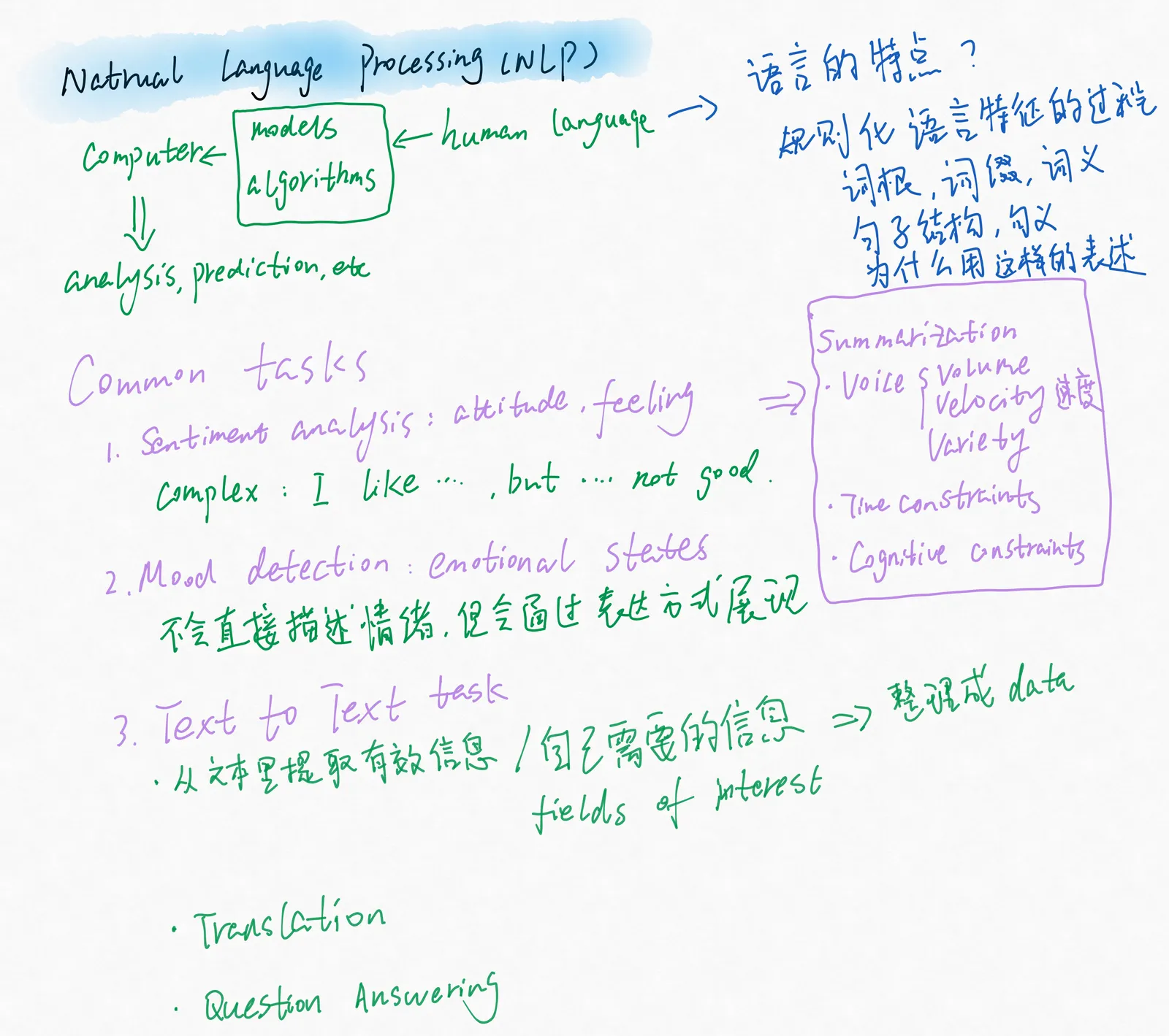 中英文手写 NLP 笔记，记录模型、语言特点、情感分析、语音与文本任务